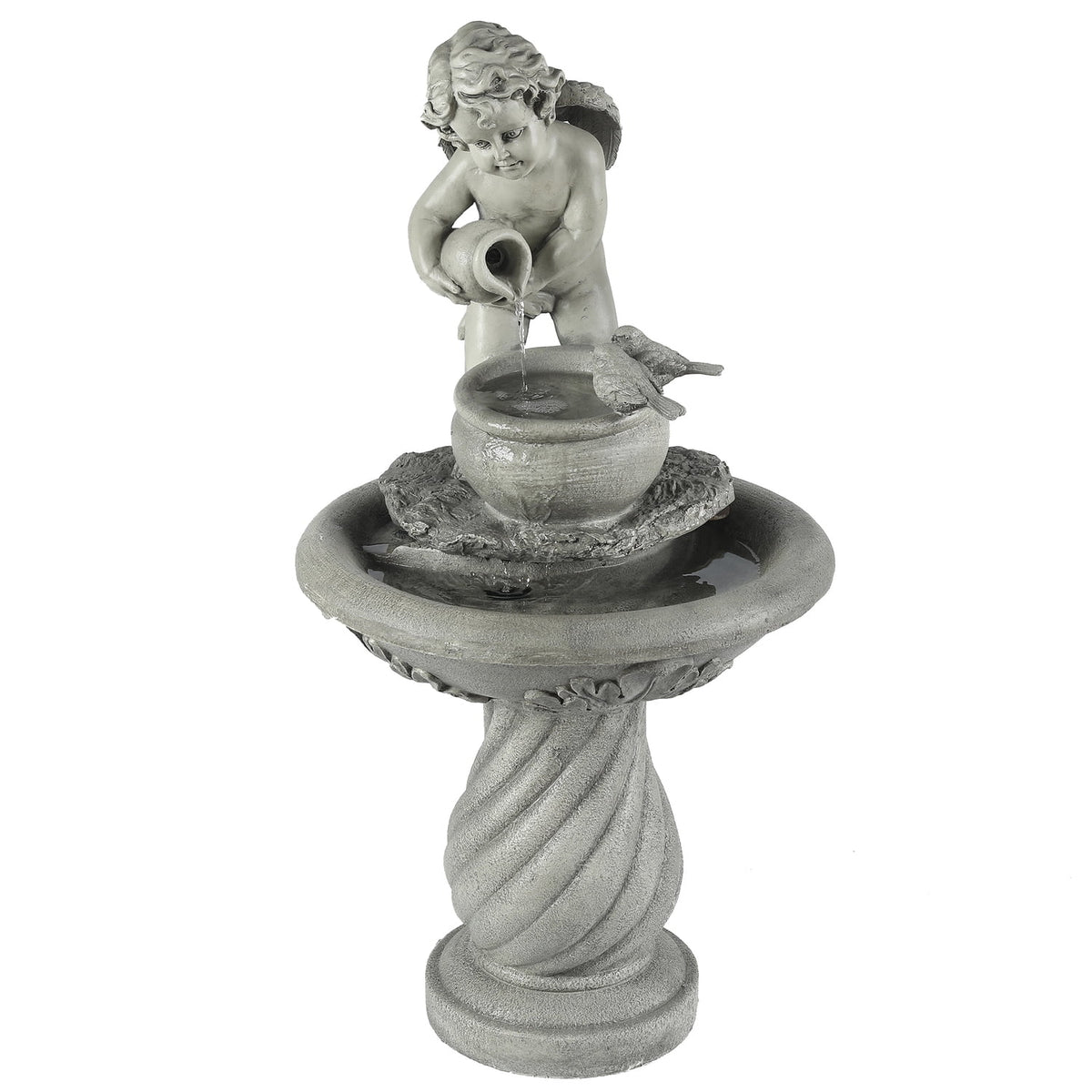 Gray Resin Cherub Birdbath Fountain C170