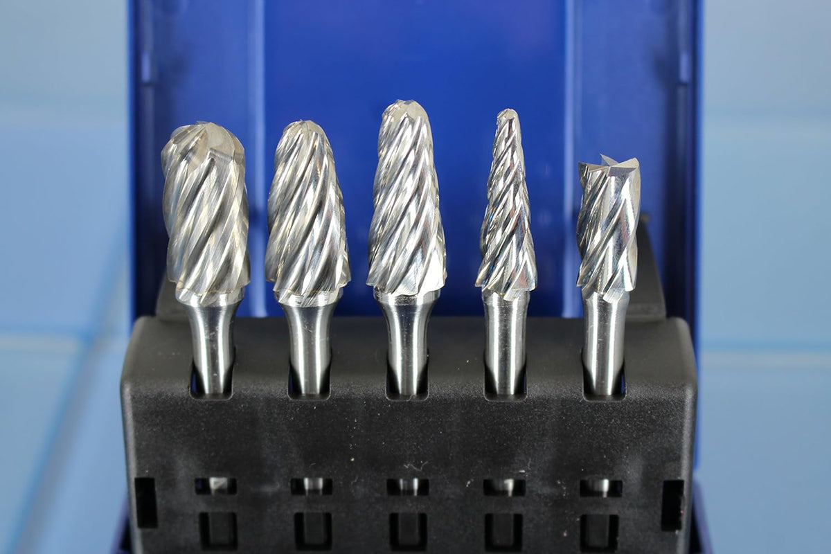 5 pc Set Aluminum Carbide Rotary Burr File, 1/2 Inch and 3/8 Inch Head, 1/4 Inch Diameter 2 Inch Long Shank J629