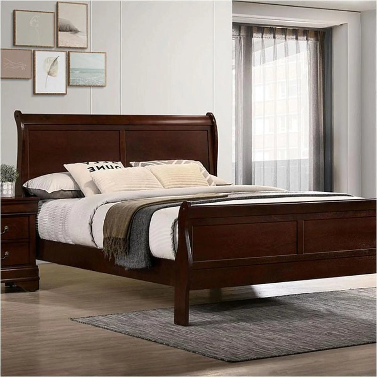 Cherry Sleigh Bed Queen Size Solid Wood C225771