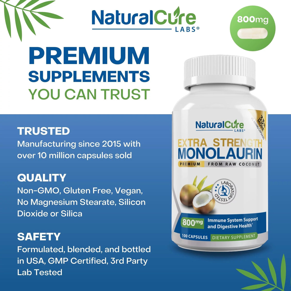 800mg Monolaurin Capsules 100 Count Vegan Non-GMO Gluten Free Supplement W9226