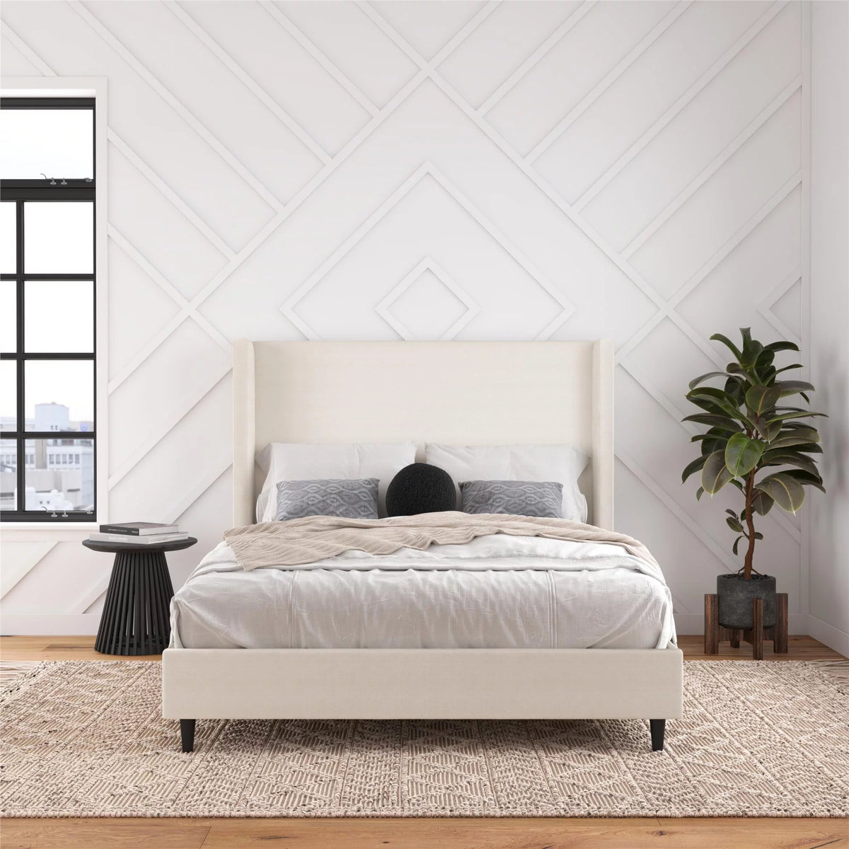 Queen Upholstered Platform Bed Frame with Wingback Headboard S7796
