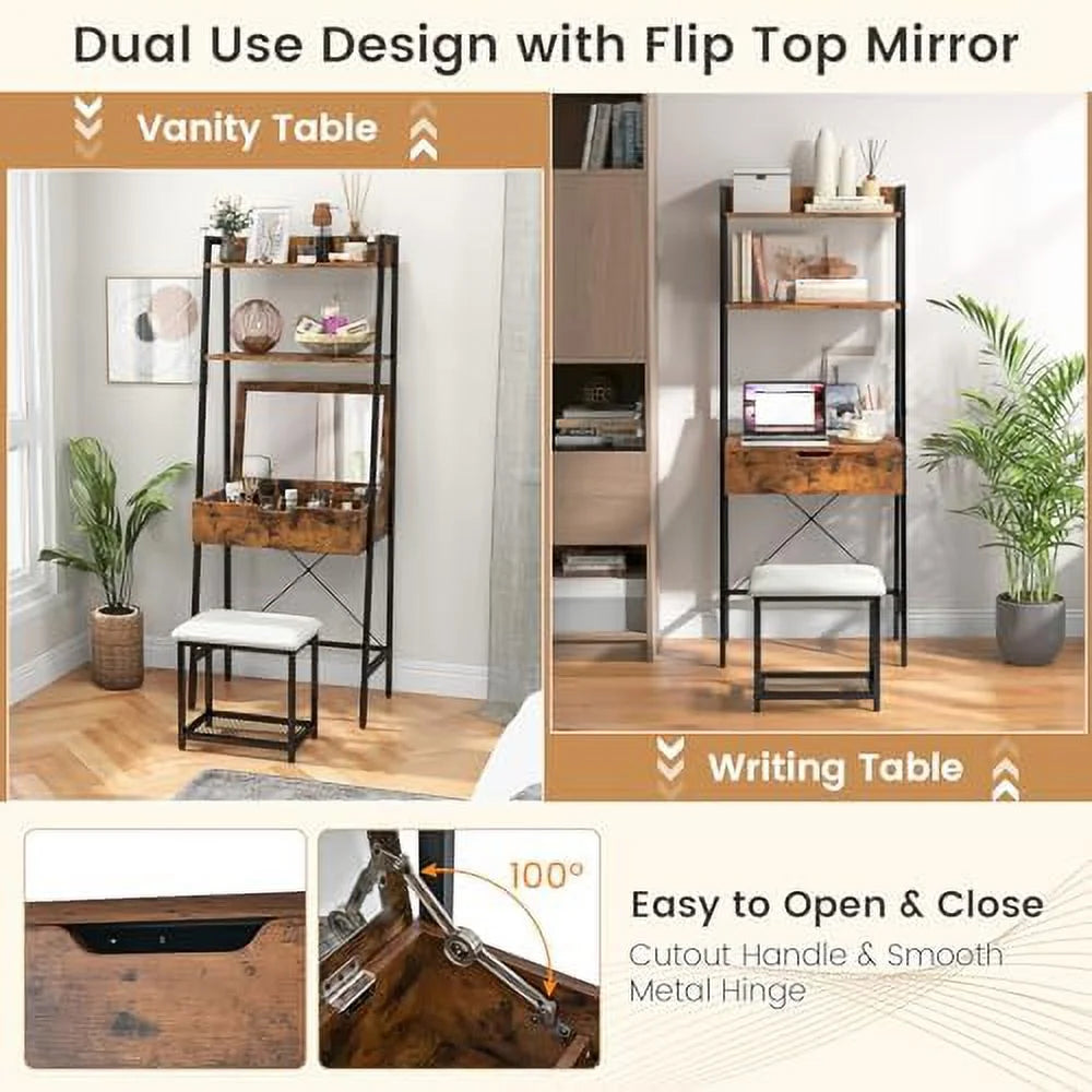 Vanity Table Set with Flip Top Mirror and Cushioned Stool S5761