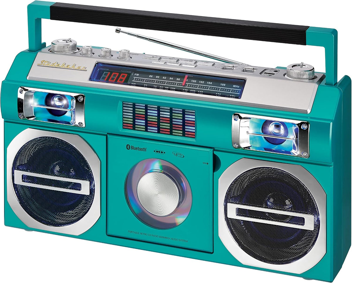 Vintage Turquoise Bluetooth Boombox with CD/MP3 Player, AM/FM, USB P82304