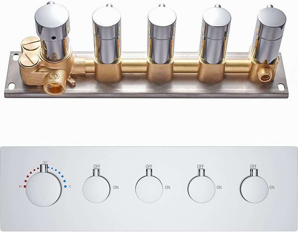 Polished Chrome 4-Outlet Solid Brass Mixer Shower Valve with 5 Round Handles I232514
