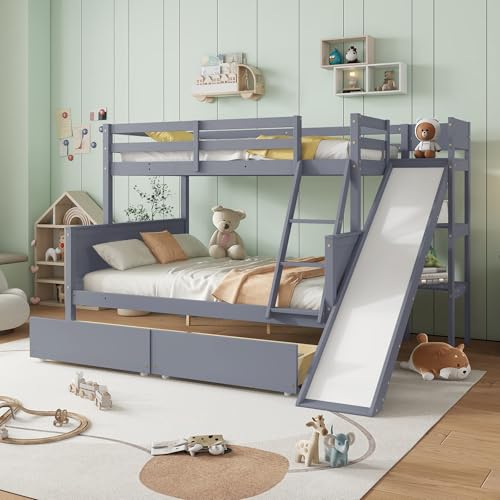 Twin Over Full Wood Bunk Bed with Slide and Storage Drawers H79311
