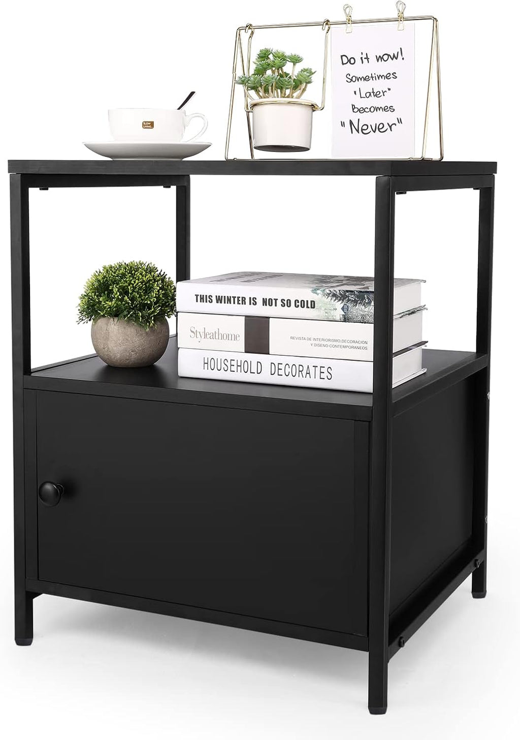 Black 3-Tier Wooden Nightstand with Storage Cabinet and Open Shelf X23097