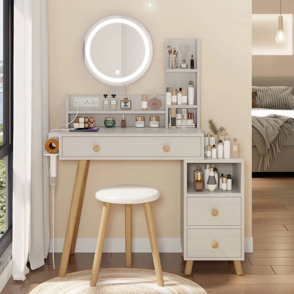 White Vanity Table with Lighted Mirror and Stool E102274