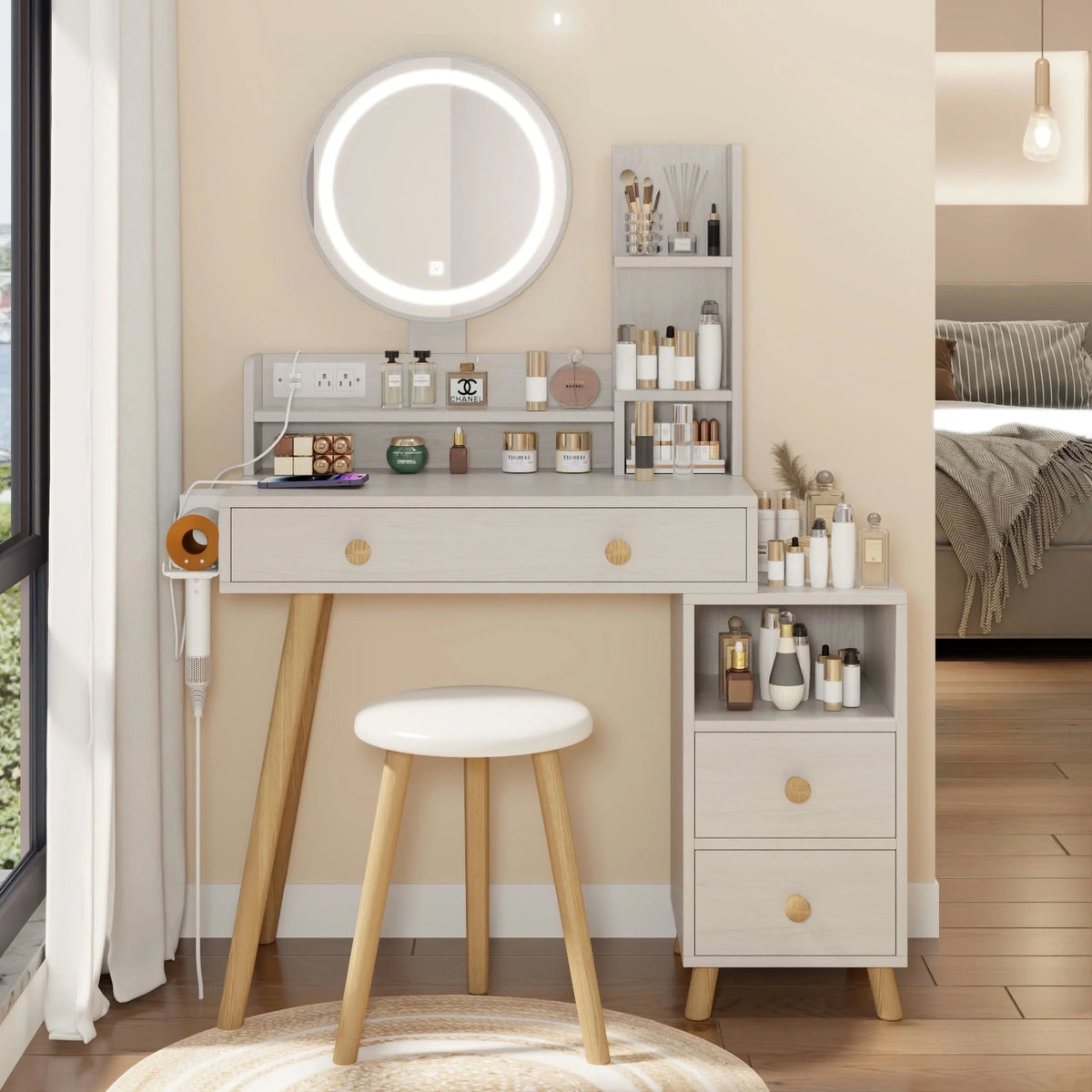 White Vanity Table with Lighted Mirror and Stool E102274