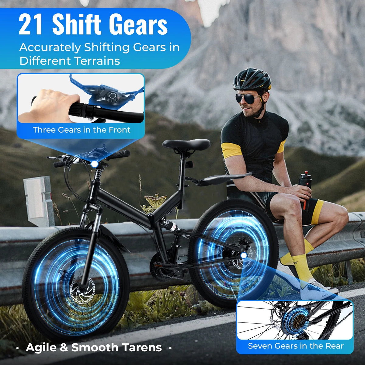 26 Inch 21 Speed Folding Mountain Bike Full Suspension Dual Disc Brakes Black E1621