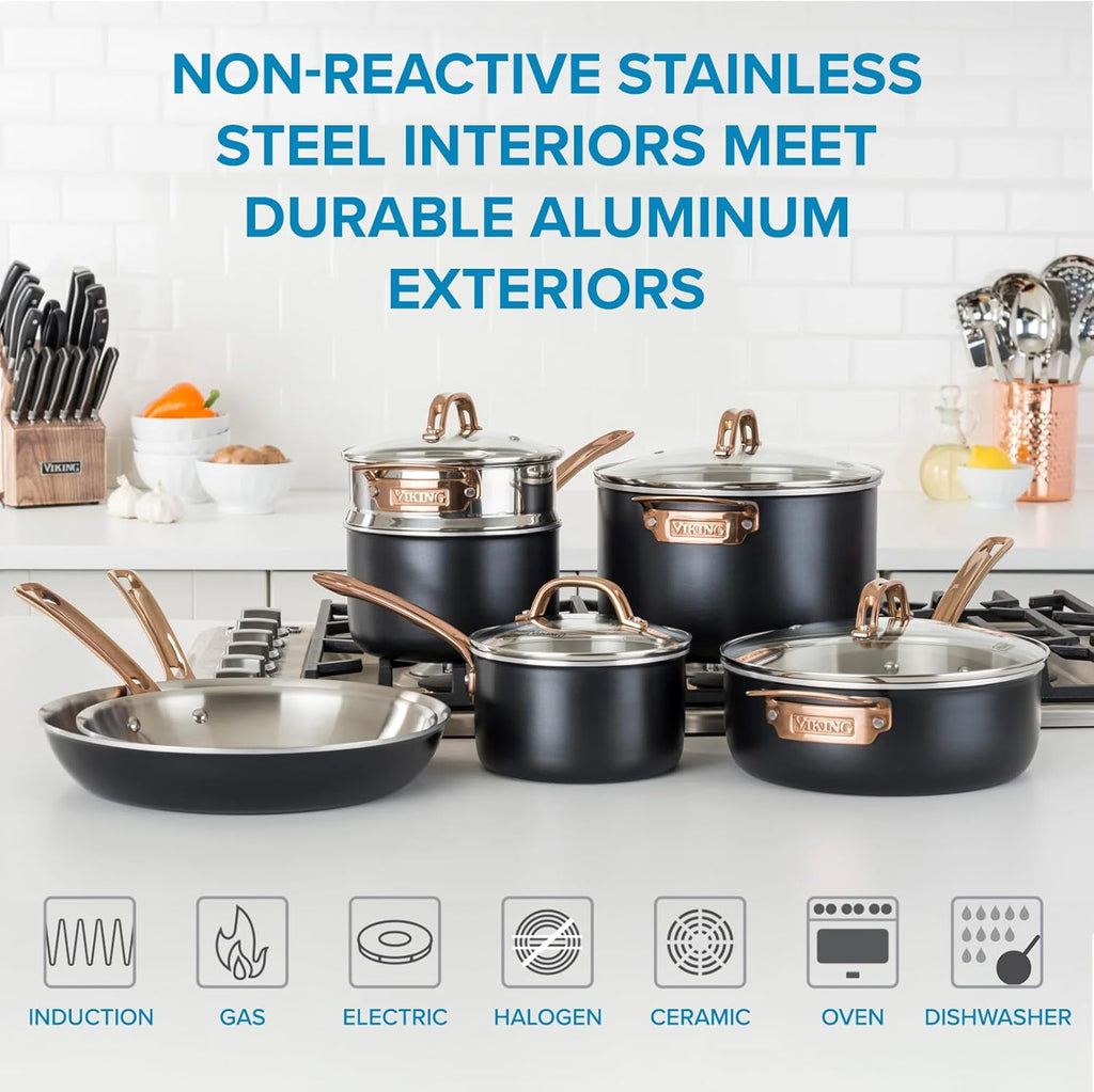 11 piece 3-Ply Black Copper Cookware Set with Glass Lids S763