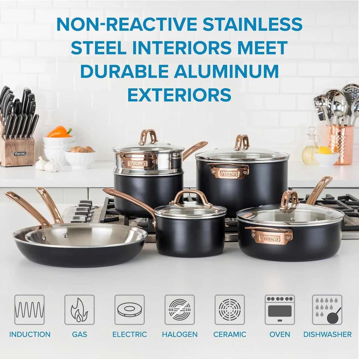 11 piece 3-Ply Black Copper Cookware Set with Glass Lids S763