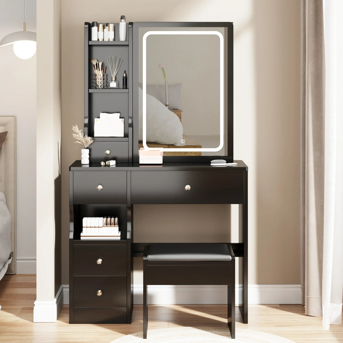 White Vanity Table with Lighted Mirror and Stool E102274