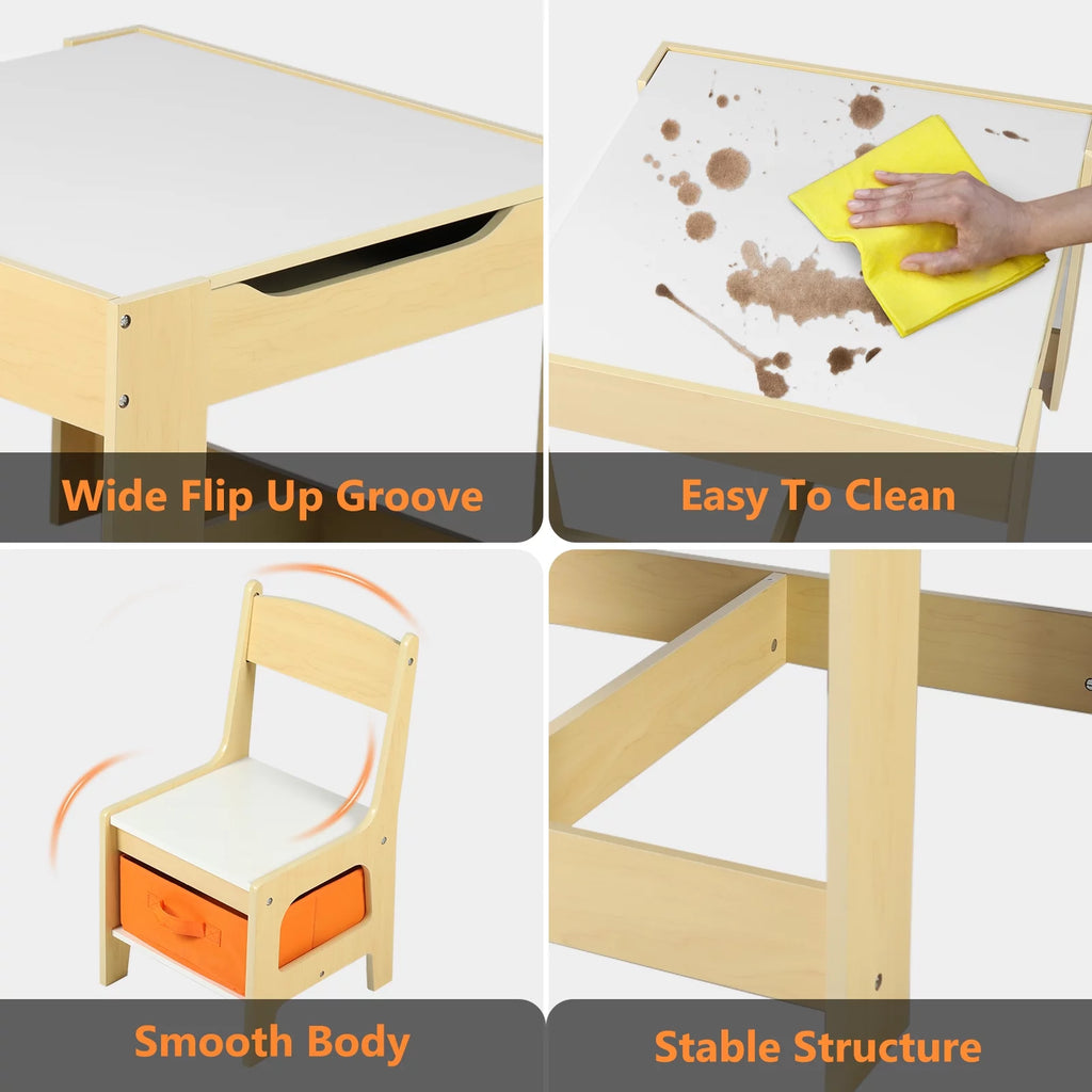 3 in 1 Kids Wood Table & 2 Chairs Set with Storage M8114