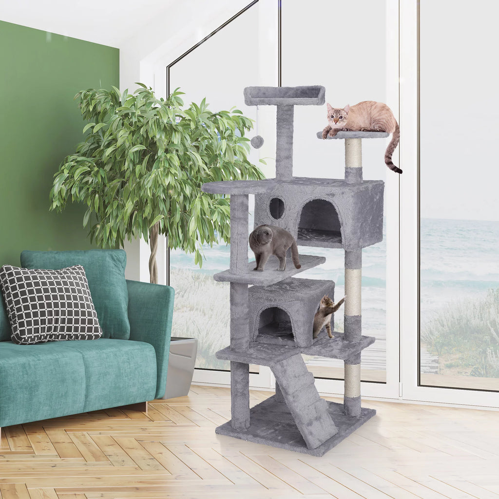 55-in Light Gray Cat Tree & Scratching Post Tower E677