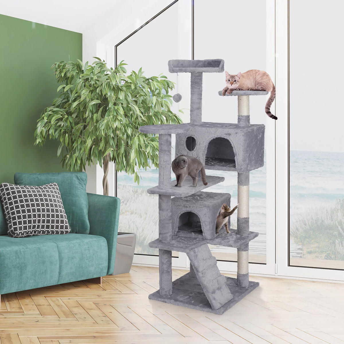 55-in Light Gray Cat Tree & Scratching Post Tower E677