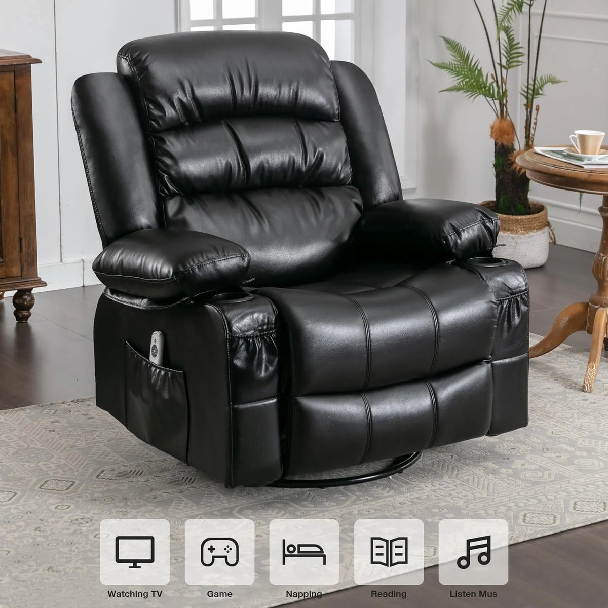 Black Power Recliner with Heat and Massage E90115