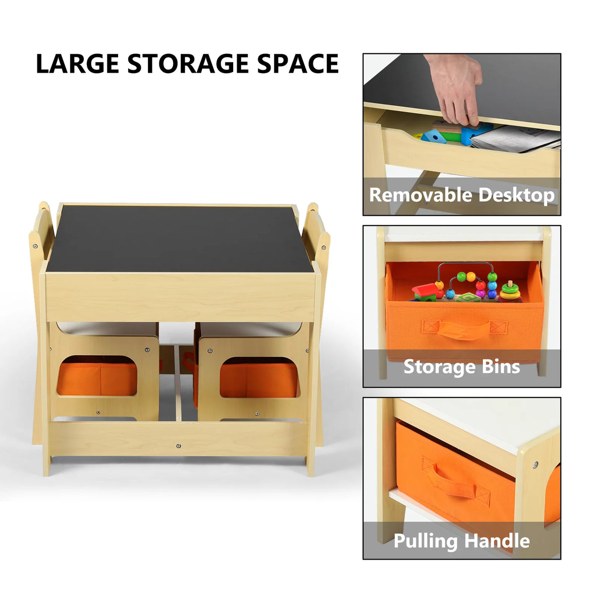 3 in 1 Kids Wood Table & 2 Chairs Set with Storage M8114