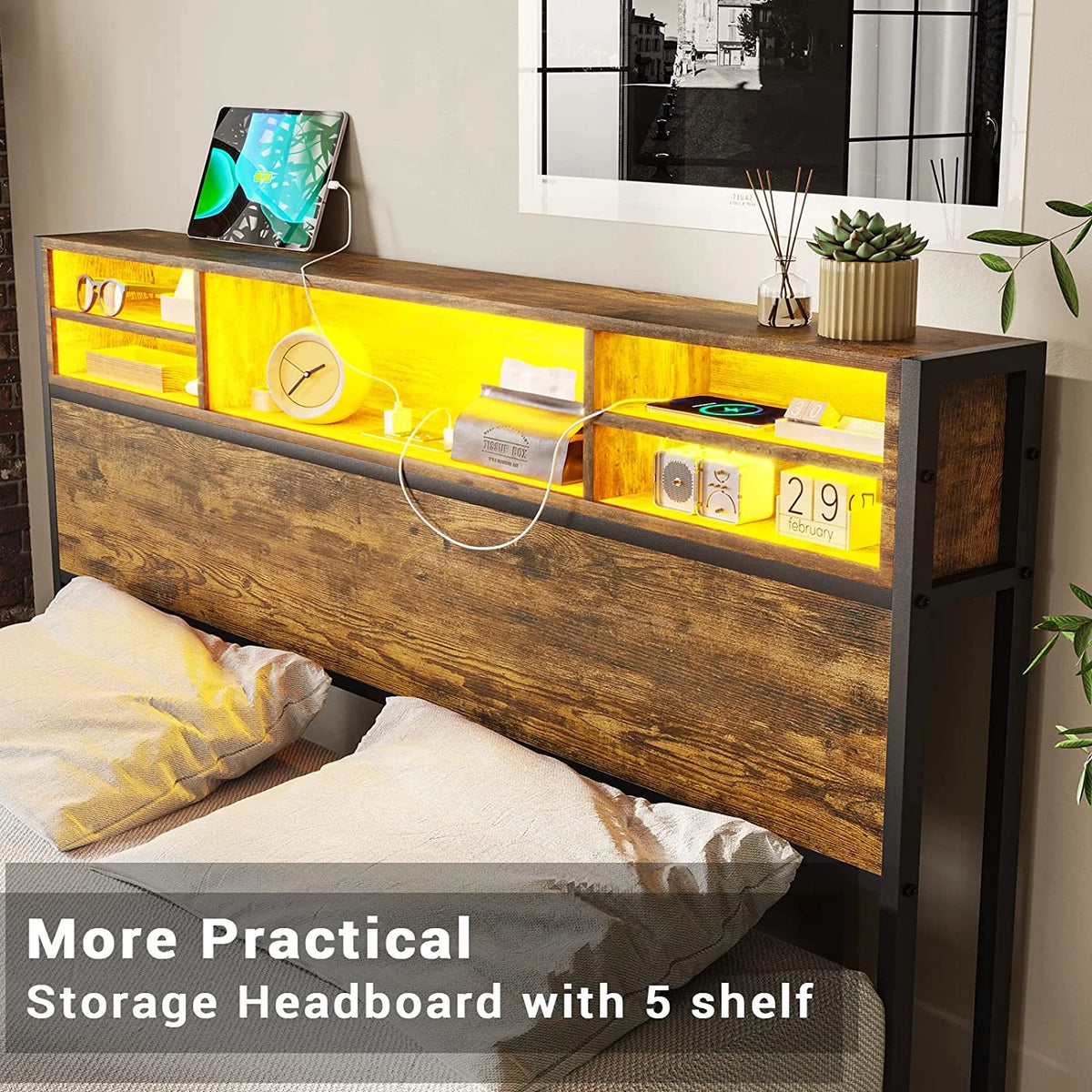Queen Bed Frame with LED Lights Headboard & 4 Storage Drawers V2532