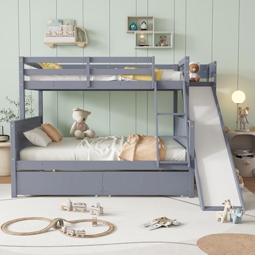 Twin Over Full Wood Bunk Bed with Slide and Storage Drawers H79311