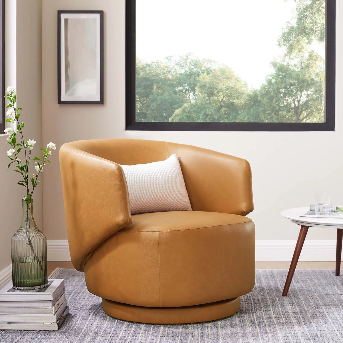Tan Vegan Leather Fabric and Wood Swivel Chair D959154