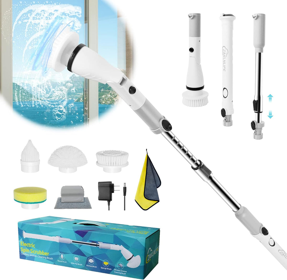 Electric Spin Scrubber with Adjustable Extension Handle & 4 Replaceable Brush Heads C376649
