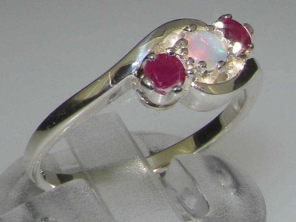 18k White Gold Natural Opal & Ruby Trilogy Ring A861