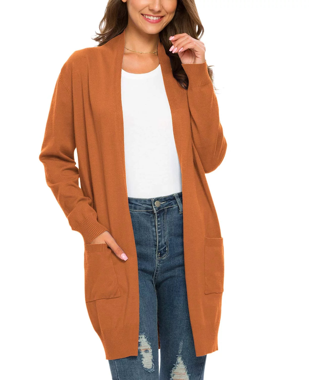 Solid Open Front Long Knit Cardigan Sweater V97500