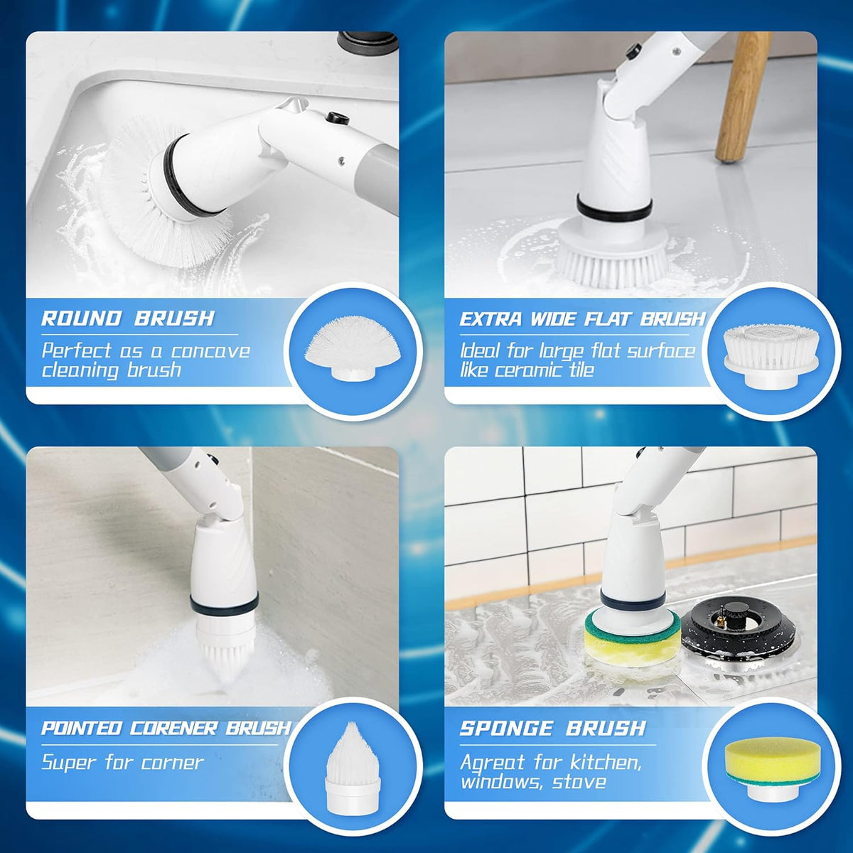 Electric Spin Scrubber with Adjustable Extension Handle & 4 Replaceable Brush Heads C376649