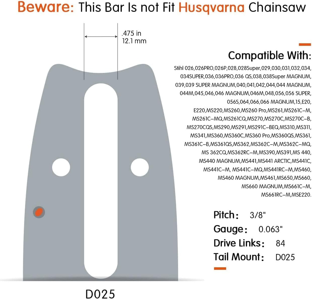 24/25 Inch Laminated Chainsaw Guide Bar Saw Chain Combo 3/8 Pitch 0.063 Chain Gauge 84DL Pack of 2 W738