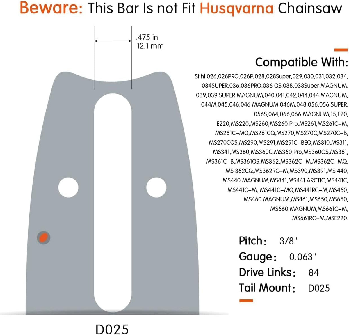 24/25 Inch Laminated Chainsaw Guide Bar Saw Chain Combo 3/8 Pitch 0.063 Chain Gauge 84DL Pack of 2 W738