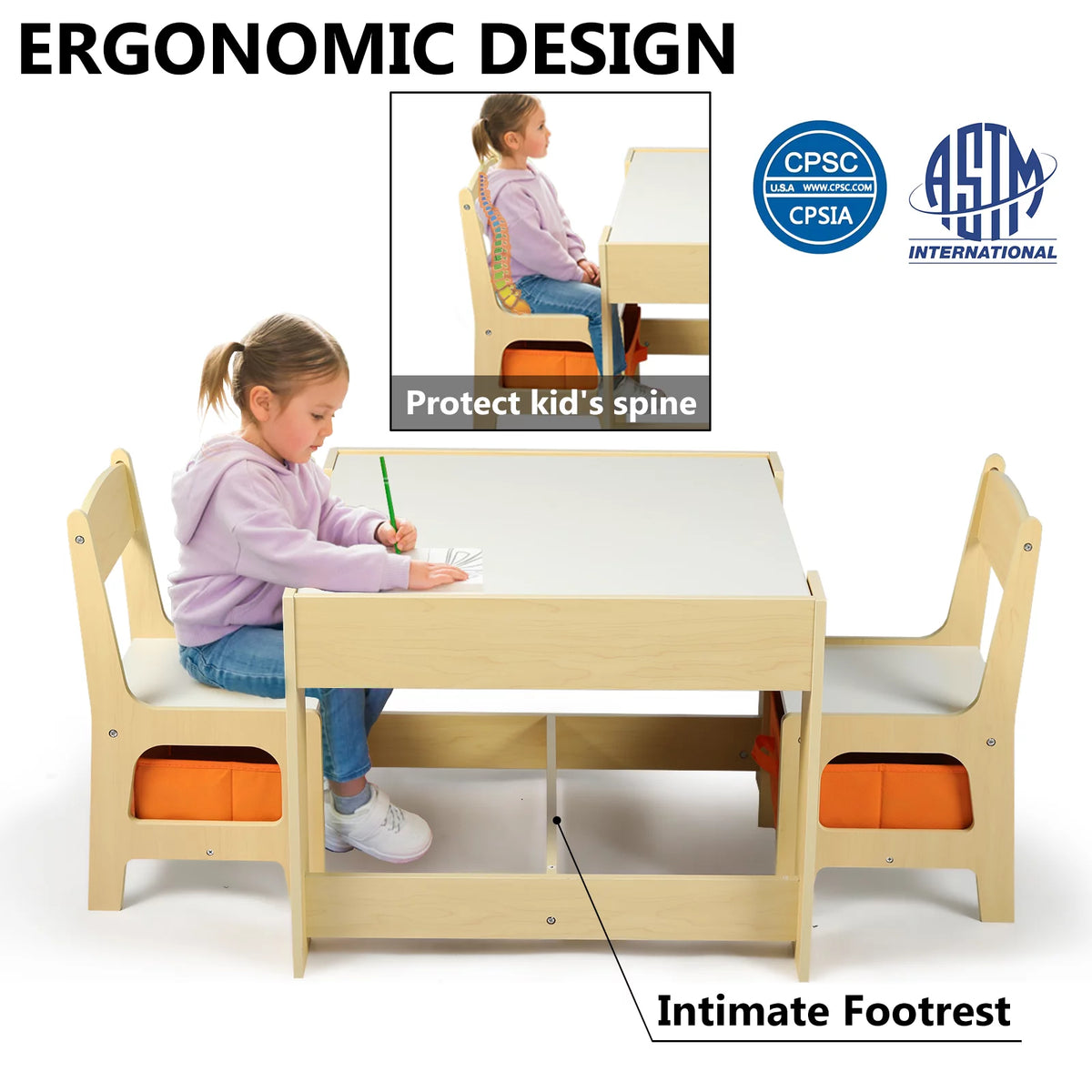 3 in 1 Kids Wood Table & 2 Chairs Set with Storage M8114