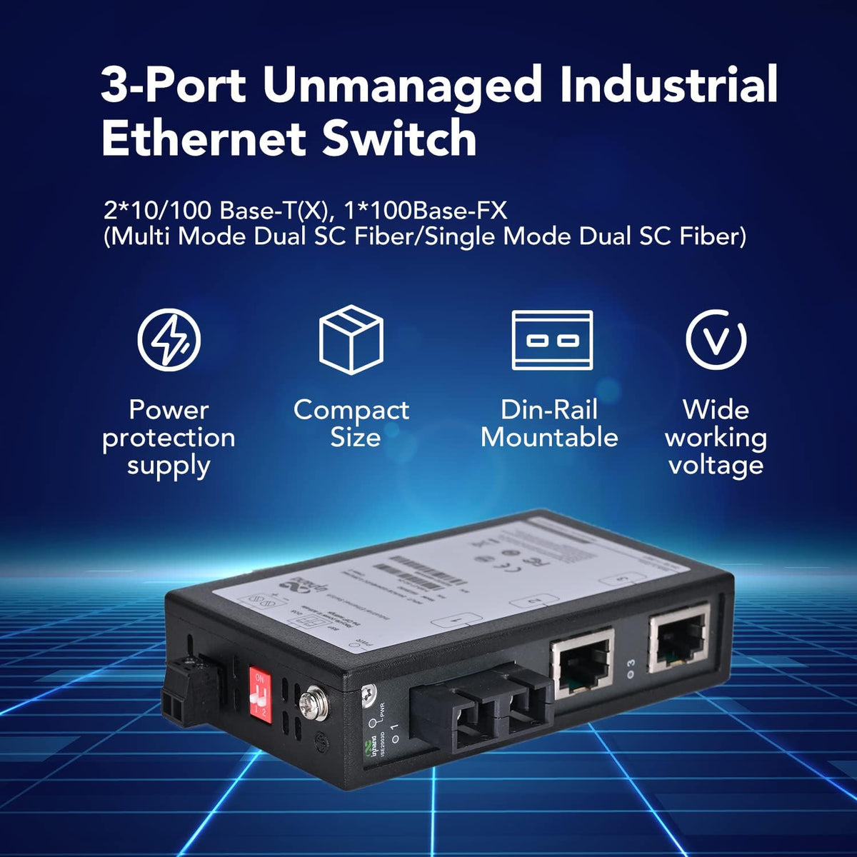 3-Port Unmanaged Industrial Ethernet Switch, Single Mode Dual SC Fiber, Pack of 2 X74893