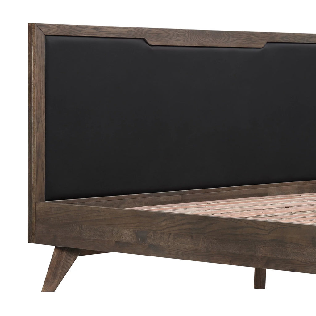 Oak Wood King Platform Bed with Faux Leather Headboard W862