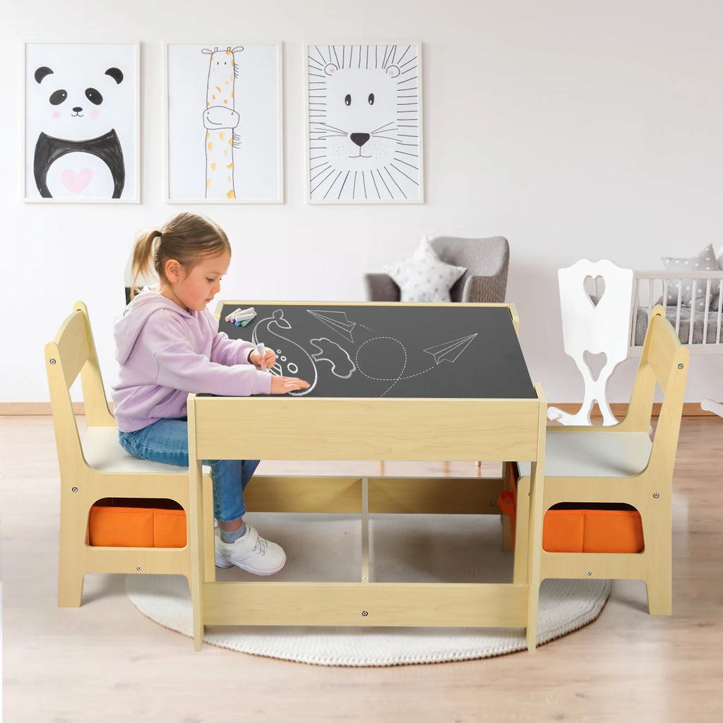 3 in 1 Kids Wood Table & 2 Chairs Set with Storage M8114