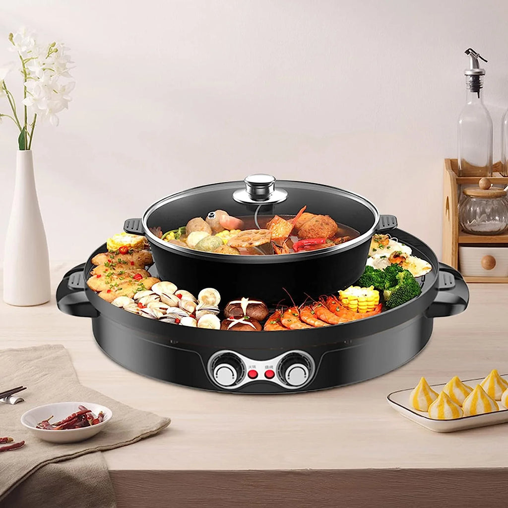 2 in 1 Electric BBQ Grill Hot Pot Double Separation Grill Pan Ceramic Coating Smokeless E8781