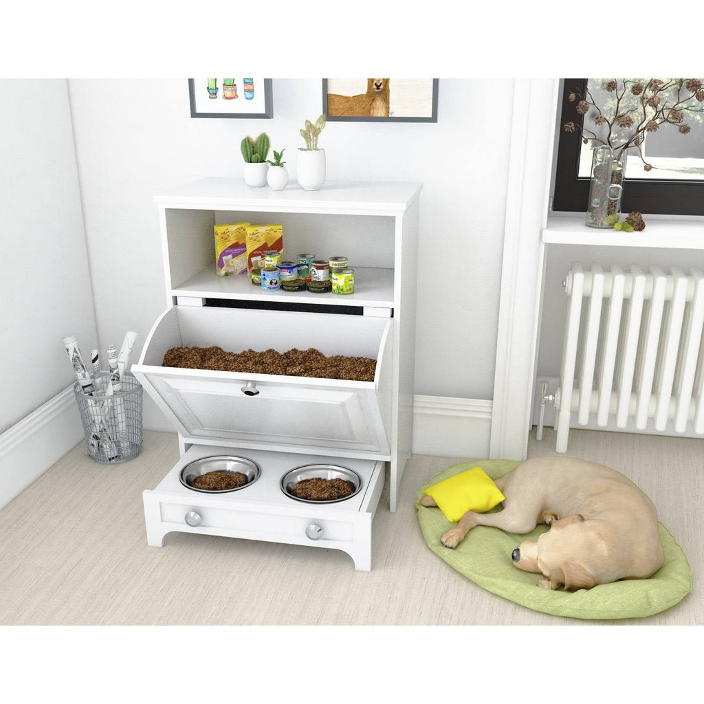 White Pet Feeding Station with Food Storage Cabinet T918391