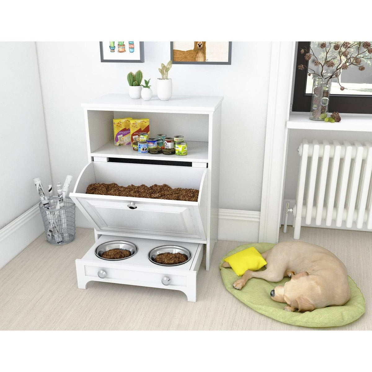 White Pet Feeding Station with Food Storage Cabinet T918391