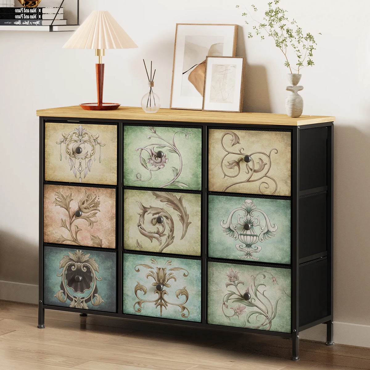 9 Drawer Dresser with Steel Frame Wooden Top P5477