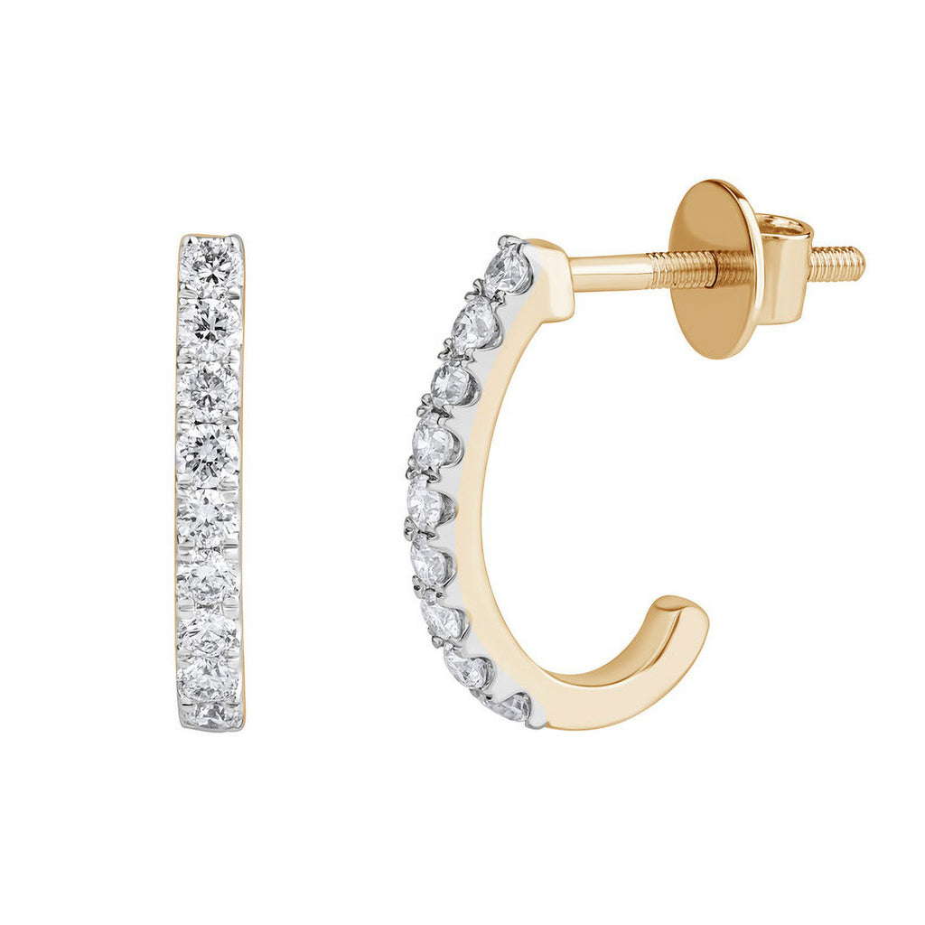 0.60 Carat Round Cut Lab Grown Diamond J Hoop Push Back Earrings in 14KT Solid Yellow Gold M376