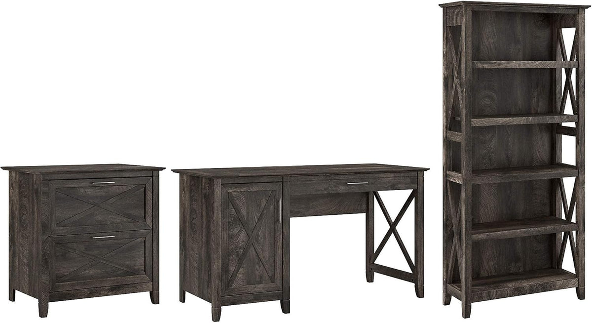 54W Reclaimed Pine Computer Desk with 2 Drawer File Cabinet and 5 Shelf Bookcase N9890