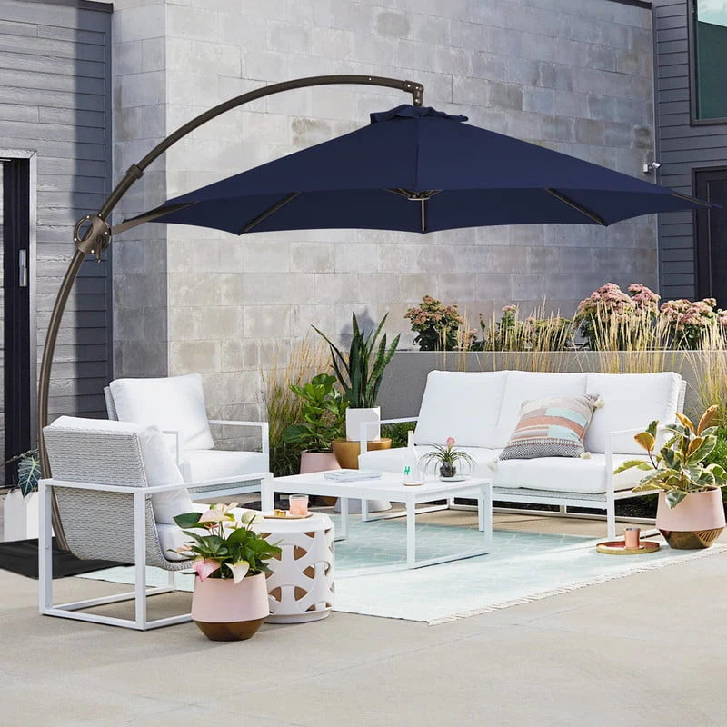 11ft Curvy Cantilever Offset Hanging Patio Umbrella with Base, Beige C21906