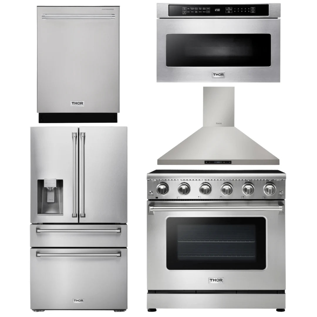 36 Electric Range, Range Hood, Microwave, Refrigerator with Water and Ice Dispenser, Dishwasher U75148
