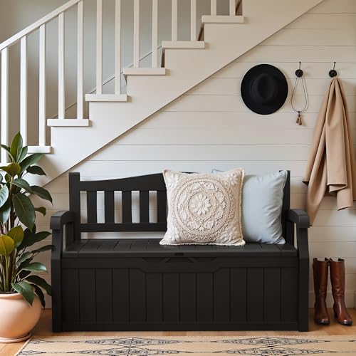 80 Gallon Outdoor Storage Bench Resin Patio Furniture Dark Black I28487