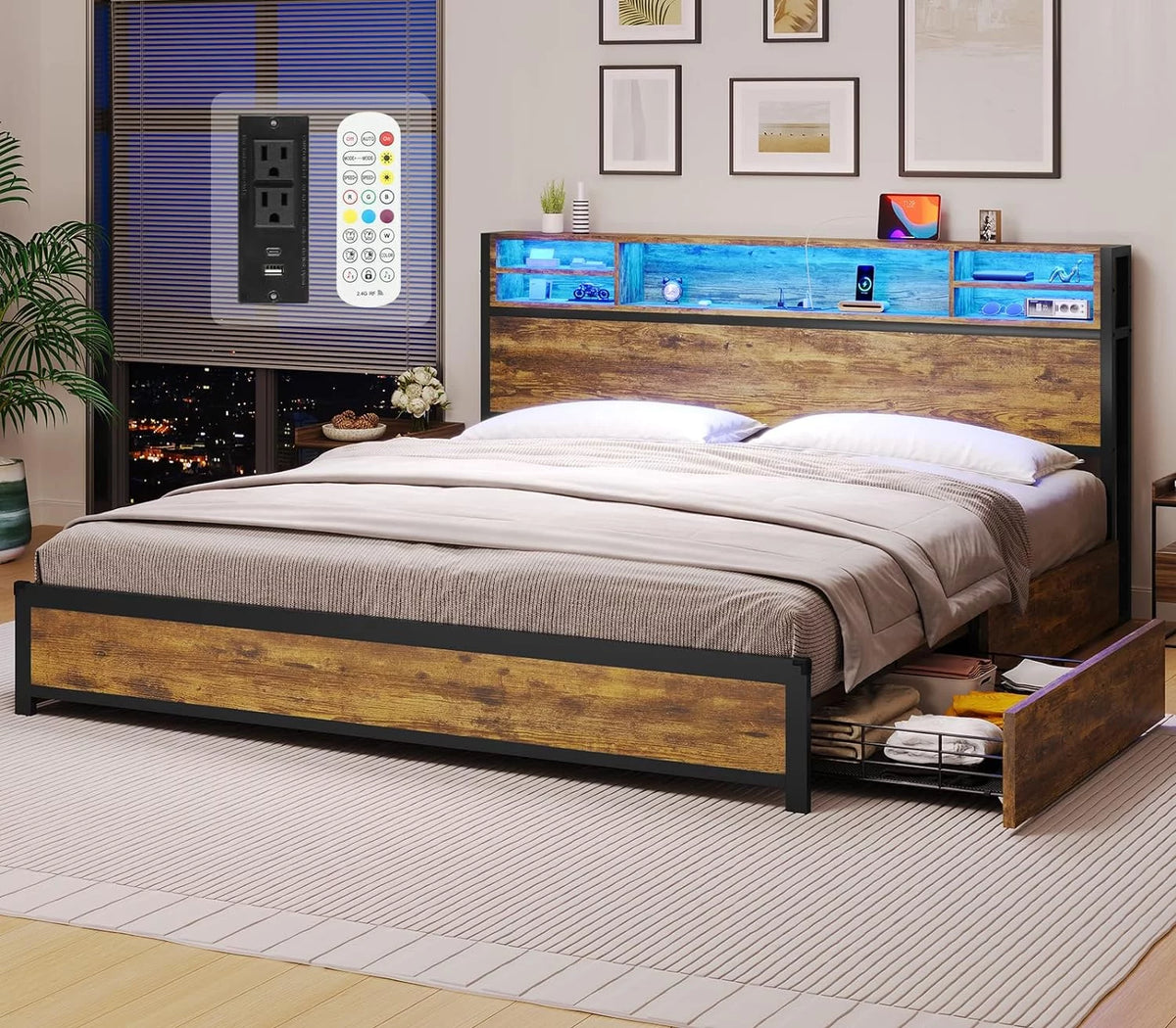 Queen Bed Frame with LED Lights Headboard & 4 Storage Drawers V2532