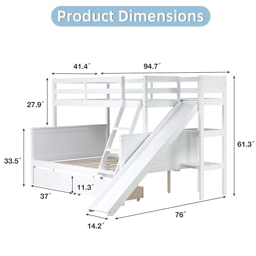 Twin Over Full Wood Bunk Bed with Slide and Storage Drawers H79311