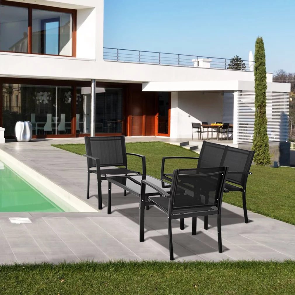 4 Piece Patio Conversation Set with Tempered Glass Tabletop Black L41261