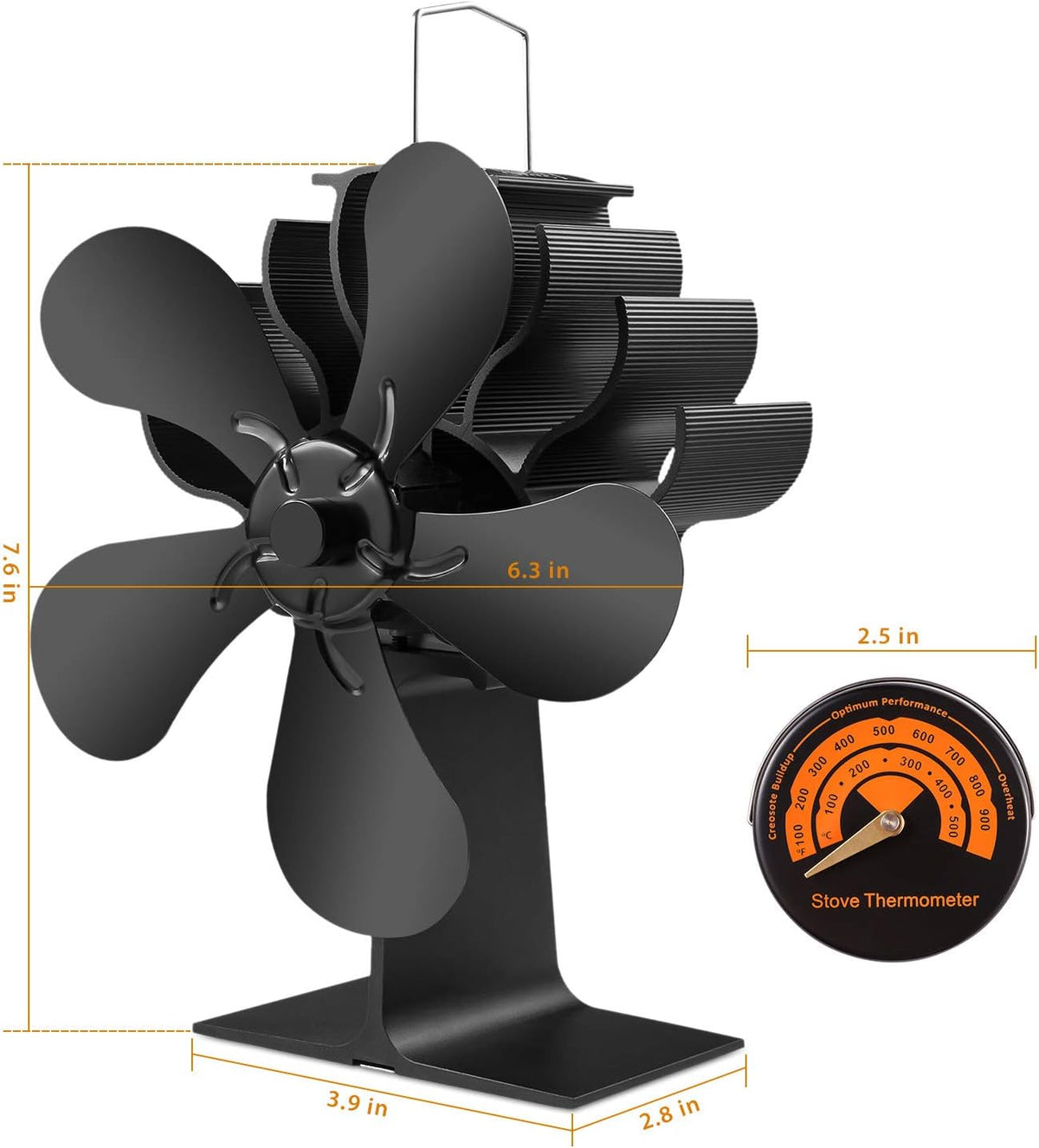 5-Blades Heat Powered Stove Fan with Thermometer Pack of 2 E65844