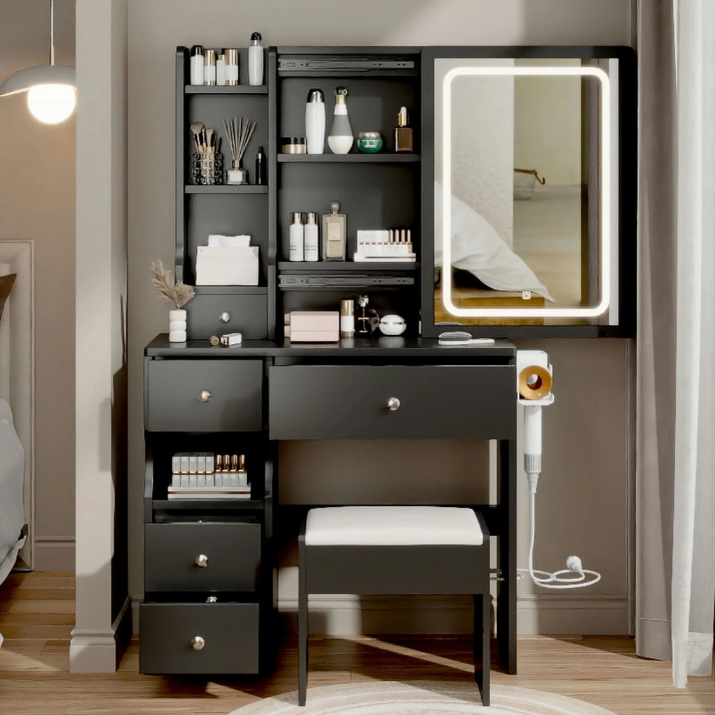 White Vanity Table with Lighted Mirror and Stool E102274