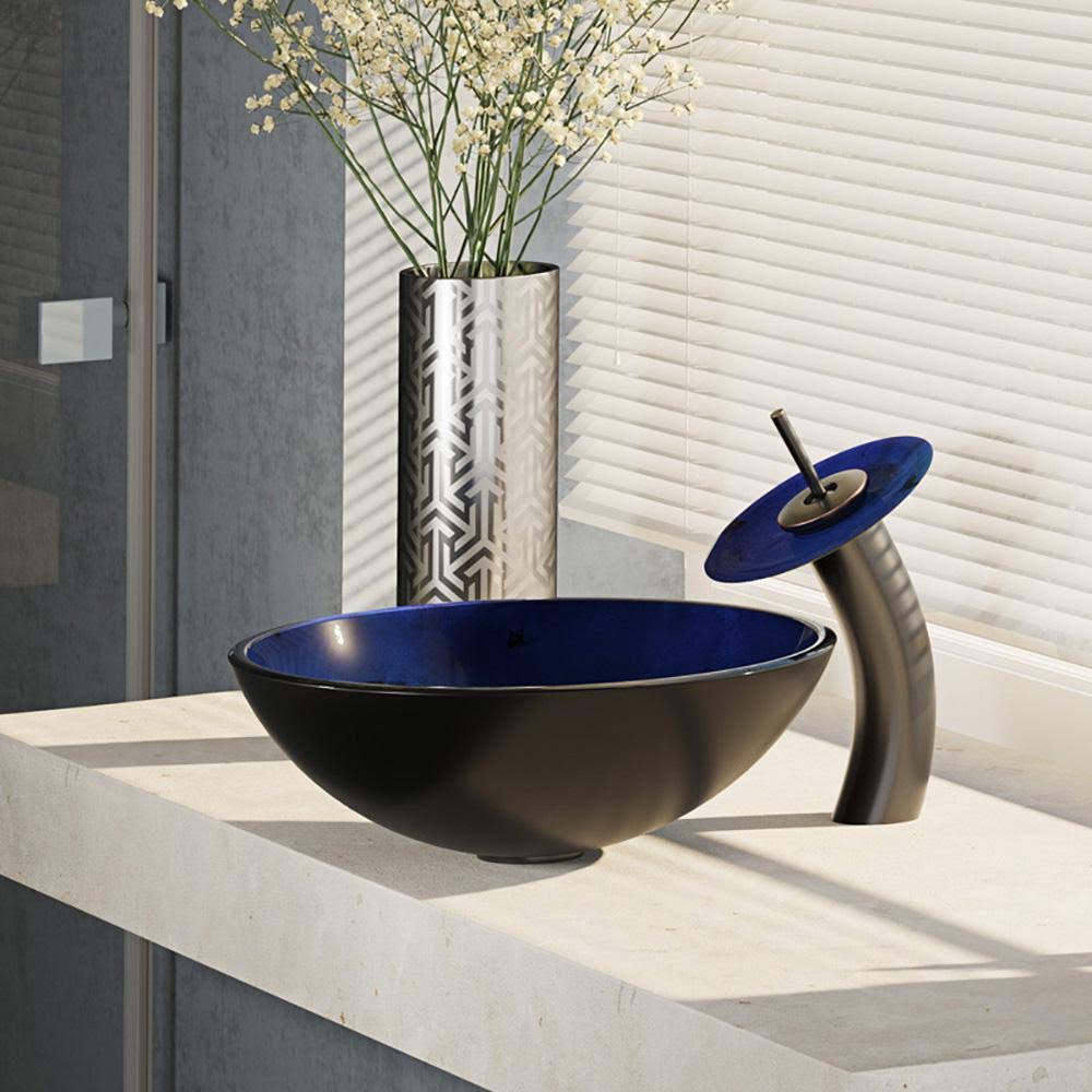 Foil Undertone Glass Vessel Sink with Antique Bronze Waterfall Faucet F56733