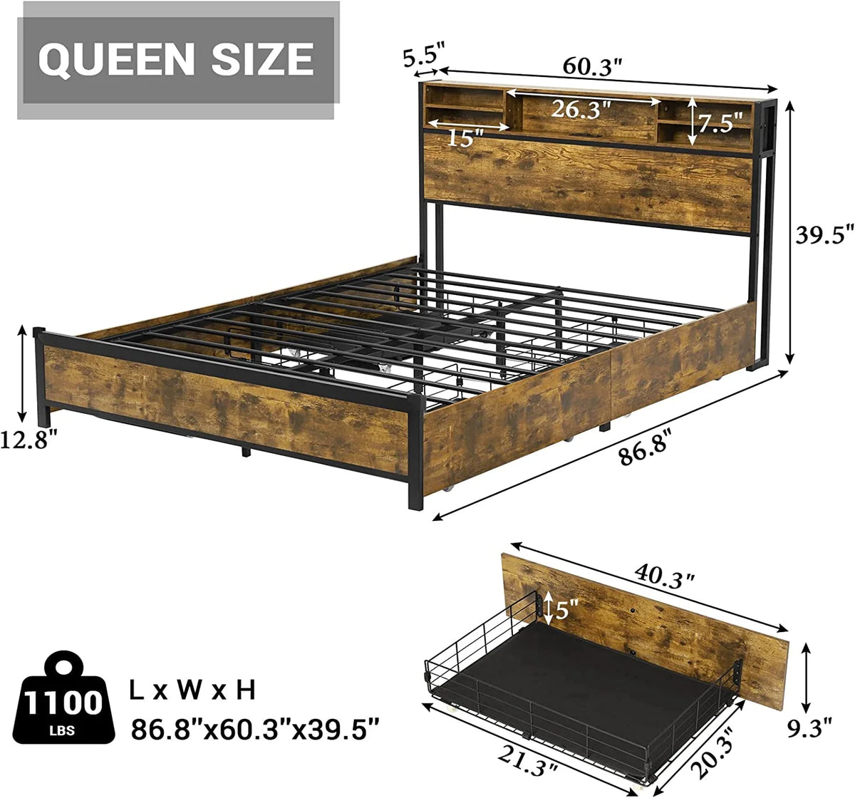Queen Bed Frame with LED Lights Headboard & 4 Storage Drawers V2532
